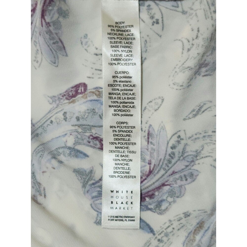 WHBM Womens Boho Blouse White Blue Purple Paisley Lace Up Neck Crochet Size L - Picture 8 of 9